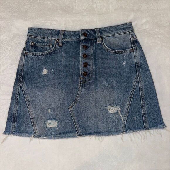 We the Free Size 28 Button Front Distressed Denim Mini Skirt Medium Blue EUC - Picture 1 of 5